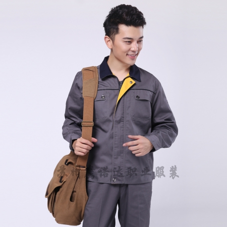 山東工作服批發駝灰拼黃色春秋工作服AC111