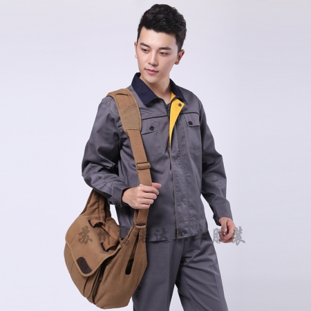山東工作服批發駝灰拼黃色春秋工作服AC111