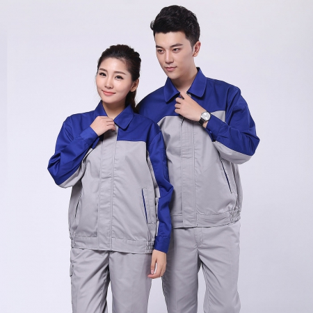 艷藍配淺灰滌棉紗卡工裝服定制工裝定制AC072-SC