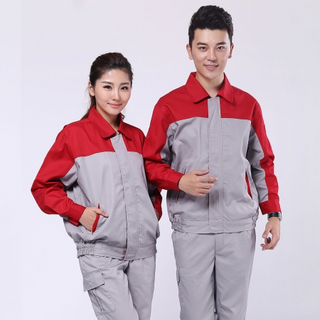 大紅配淺灰滌棉紗卡加工行業工作服AC078-SC