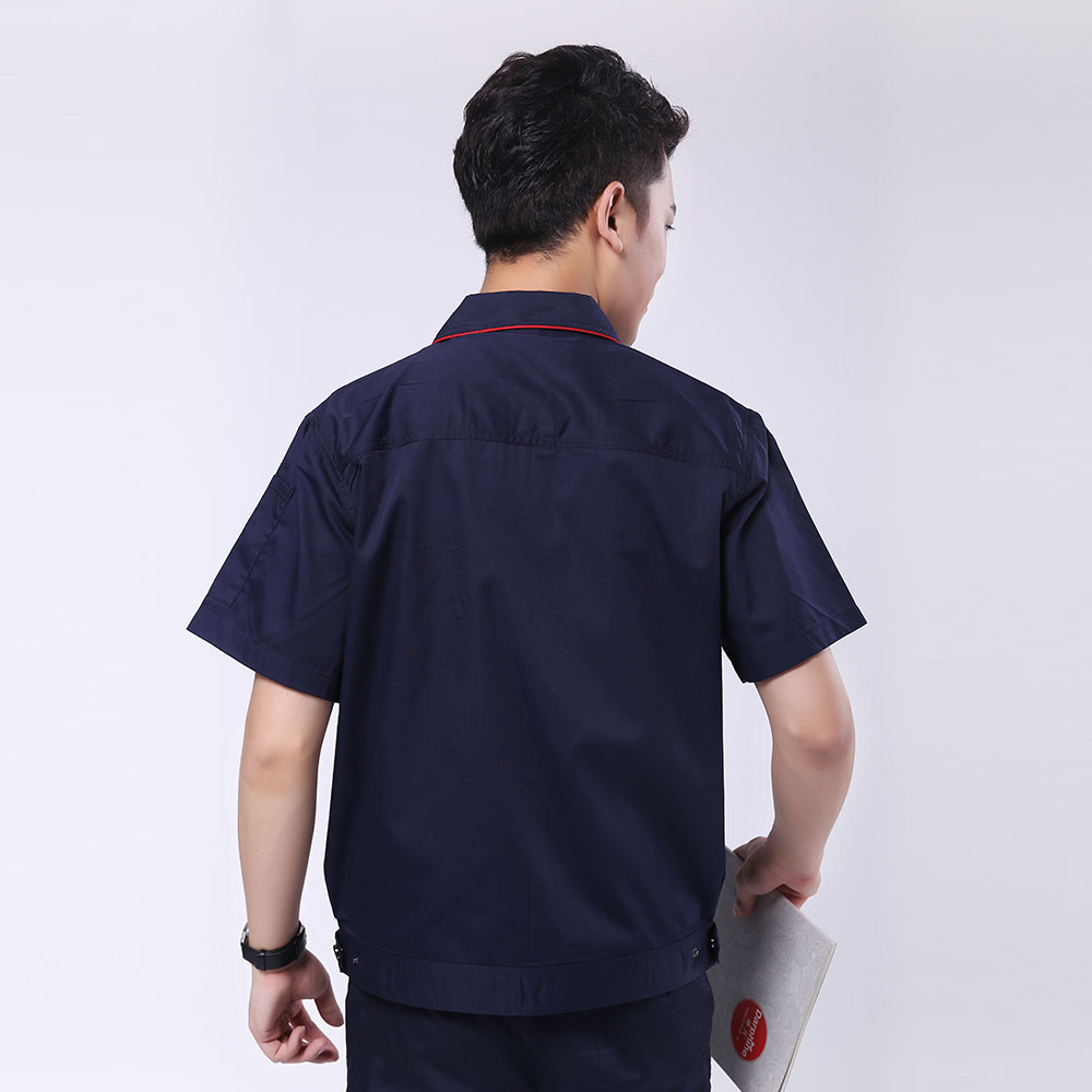 短袖工作服立體衣領，舒適袖口，實用口袋圖